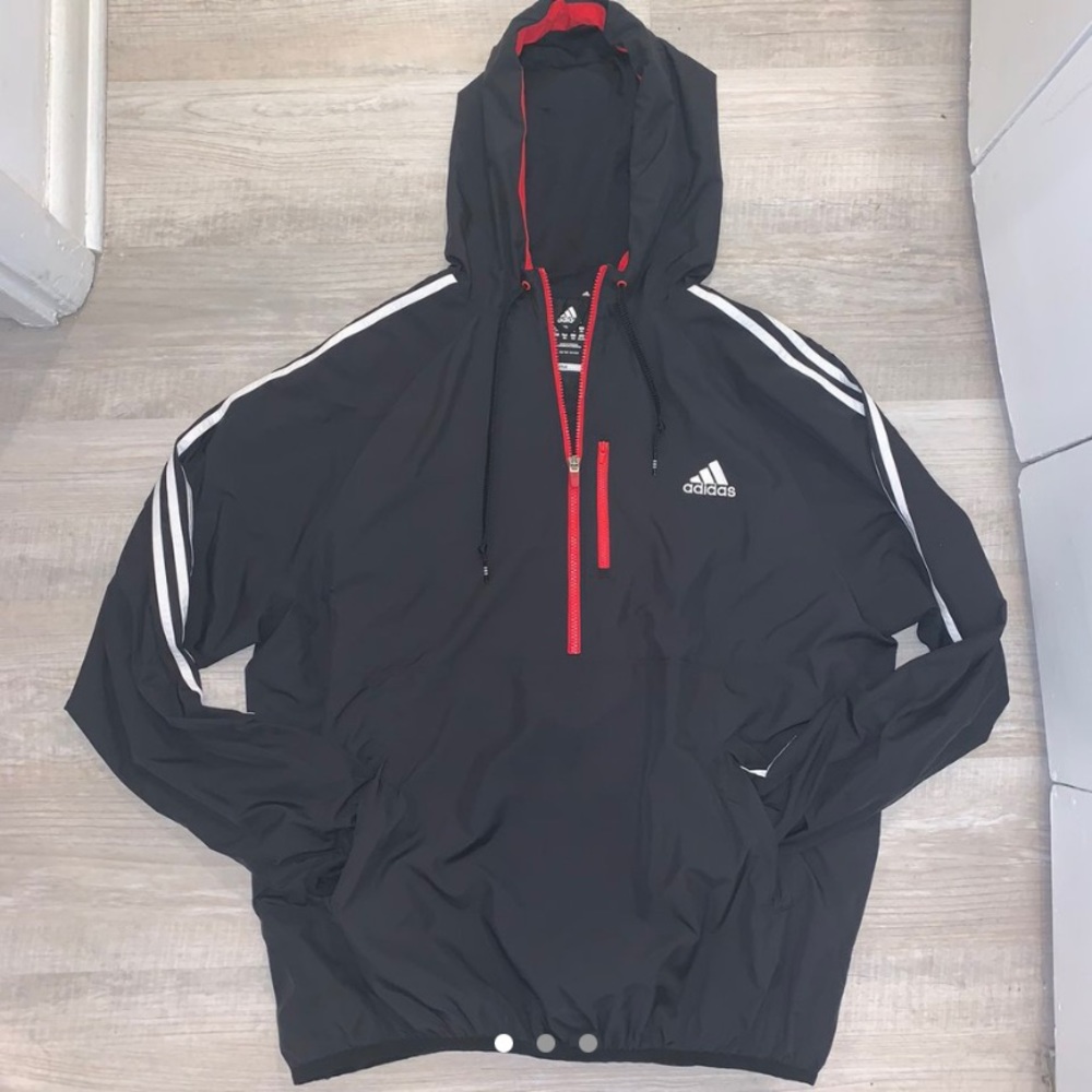 BLACK WHITE & RED ADIDAS WINDBREAKER WITH HOOD